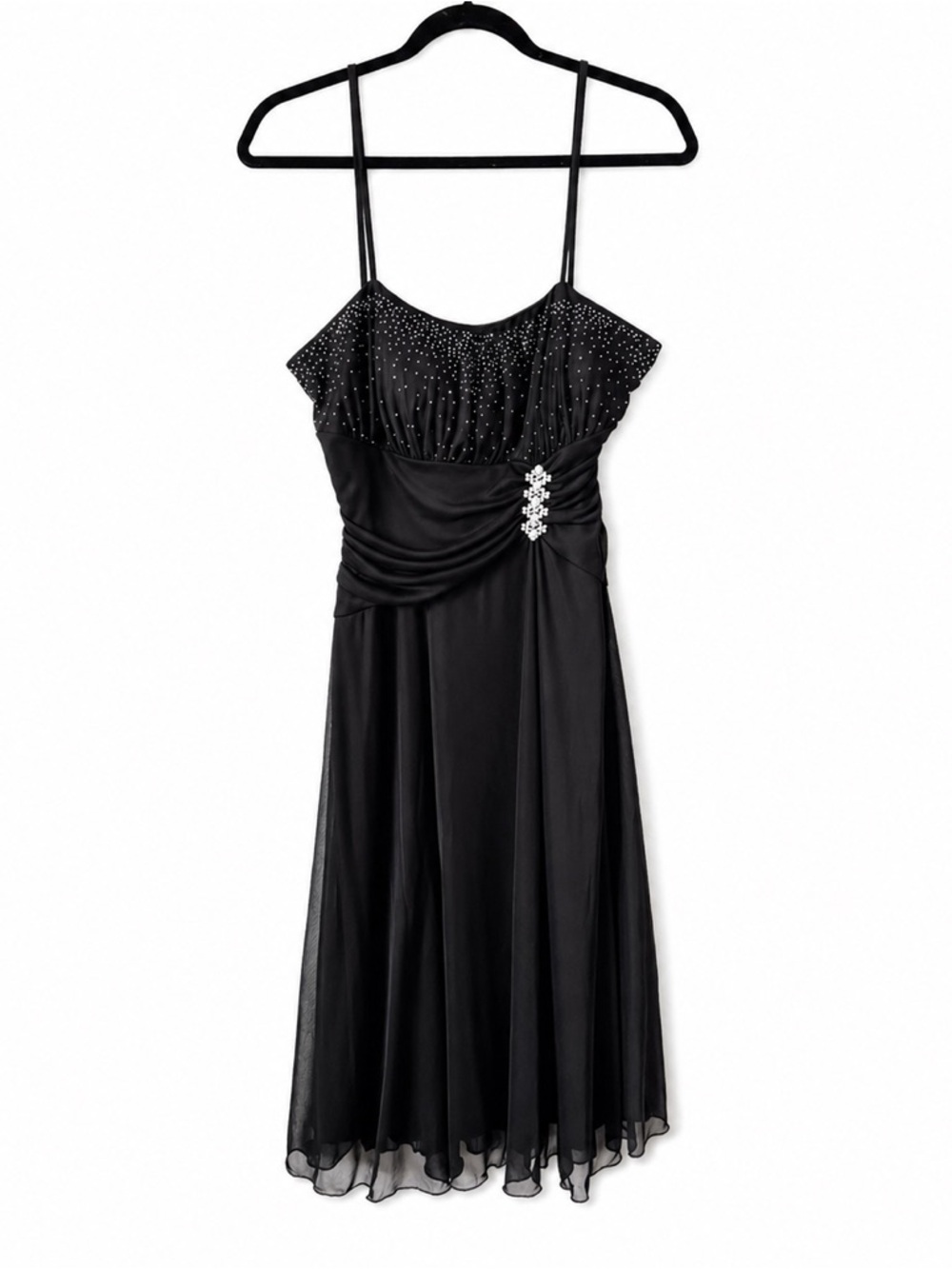Nite USA Black Evening Mini Dress L Rhinestone Spaghetti Strap Cocktail Prom